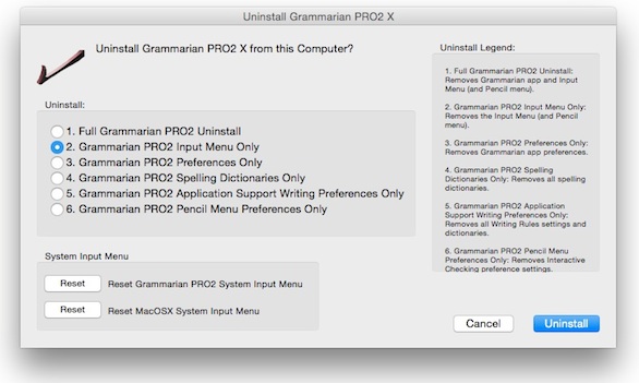 Uninstall Grammarian PRO2 input menu